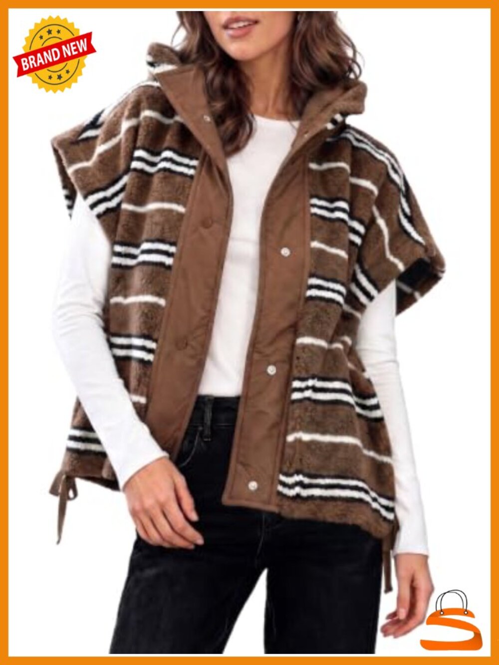 Fuzzy Sherpa Fleece Vest Sleeveless Button Down Striped